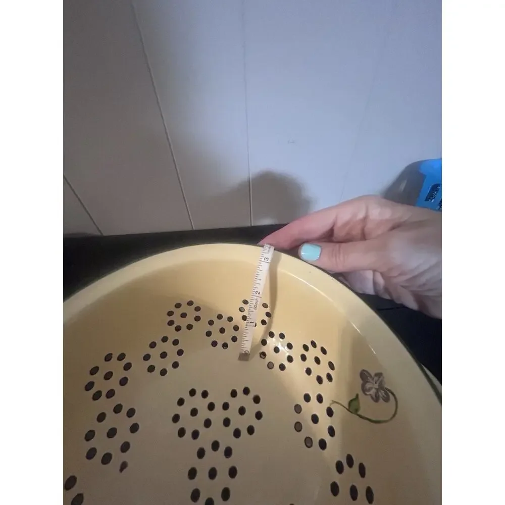 Vintage Enamelware Footed Colander Strainer Yellow Green Floral Farmhouse